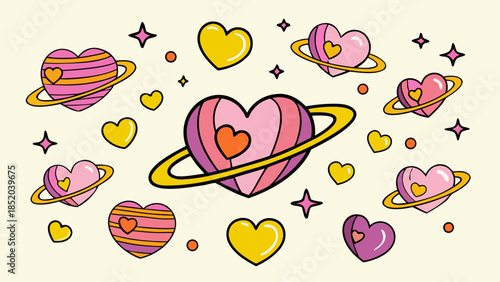 Whimsical hearts and planets illustration