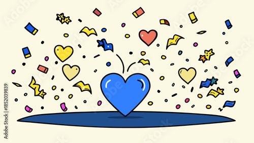 Celebratory heart surrounded by confetti