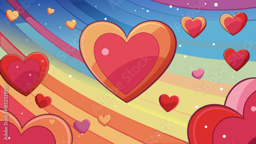 Colorful hearts in a dreamy sky