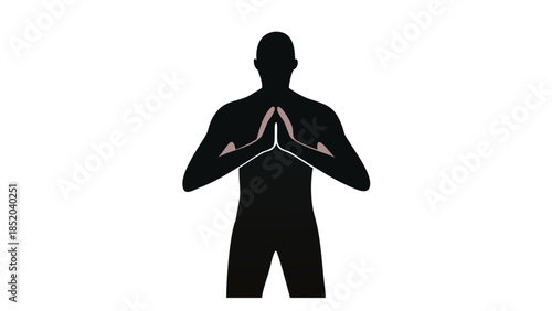 Minimal silhouette of a person standing with hands together at chest level, calm gratitude pose, mindful wellness concept.
