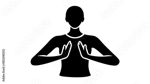 Minimal silhouette of a person standing with hands together at chest level, calm gratitude pose, mindful wellness concept.
