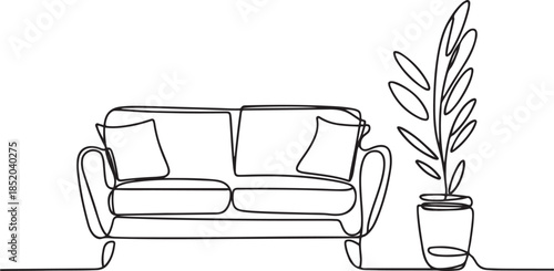 Continuous one line drawing of sofa and with potted plants.one line  vector illustration  with out background
