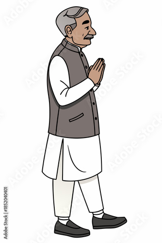 A cartoon illustration of an elderly Indian man with gray hair and a mustache, wearing a traditional white kurta and churidar with a brown Nehru jacket, performing a namaste greeting while walking.