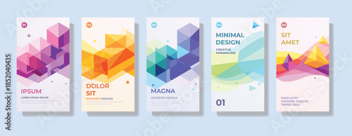 Minimal geometric poster and flyer layout set with colorful polygon shapes and smooth gradients designed for modern presentations, creative branding, marketing materials and graphic design