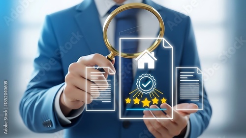 A person in a suit reviews real estate quality and inspection documents with a magnifying glass