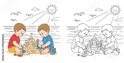 Two cute cartoon boys building a sandcastle on the beach. Happy kids playing with shovel and bucket by the sea with outline background. Summer vacation vector illustration for children design.