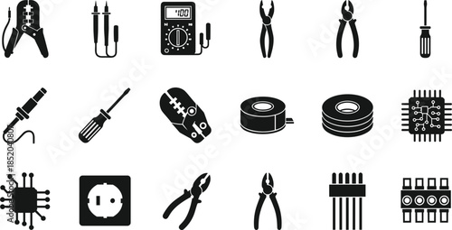 Assortment of electrical tools and components in black silhouette electrical components electronics