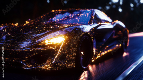 Wallpaper Mural Cinematic software-defined vehicle on glowing highway with holographic overlays, palette of twilight indigo, radiant coral, and shimmering gold, atmospheric futuristic design, AI generated Torontodigital.ca