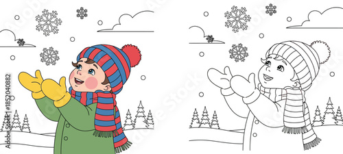 Happy little boy catching snowflakes in winter forest. Cute child wearing warm clothes with coloring page background style. Vector illustration for kids holiday design.