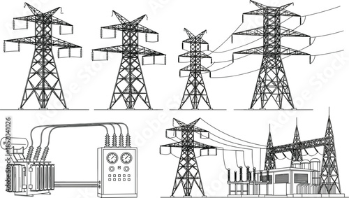Black and white line drawings of electrical transmission towers and substation equipment Keywords: electrical tower, pylon