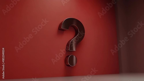 Silver Question Mark on Red Wall Background.