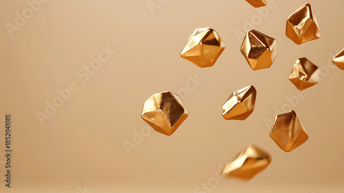 Capture of floating golden geometric shapes against a soft amber backdrop. The golden tones and polygonal design invoke abstract luxury, perfect for artistic backgrounds.