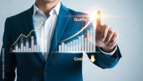 Business optimization concept showing improving quality and decreasing cost metrics on a screen