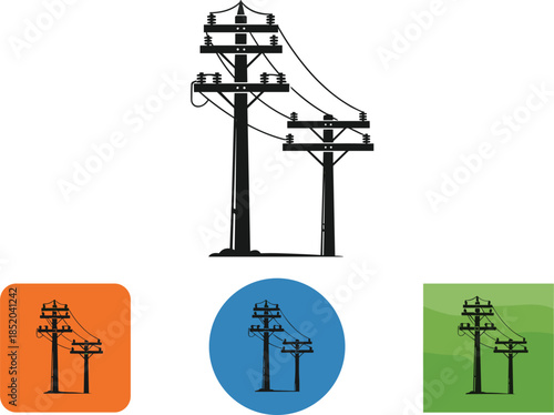 Black silhouette icons of utility poles with wires and insulators Keywords: utility pole, power line, electricity, icon