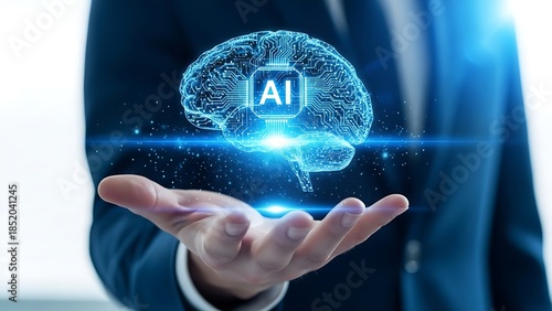 A futuristic concept of artificial intelligence and digital innovation presented in a human hand