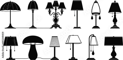 Collection of black silhouette icons of various table and floor lamps Keywords: lamp, lampshade, light, lighting, silhouette