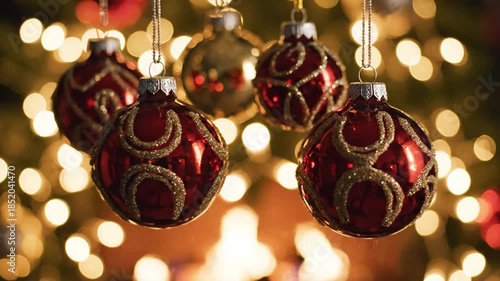 Red and gold ornaments displayed against bokeh background