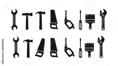 A collection of various black silhouette tools arranged in two rows