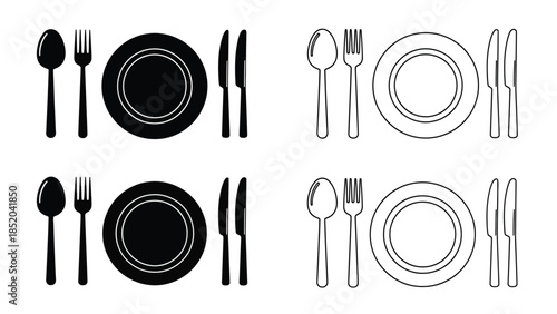 Black and white illustrations depicting dining cutlery and plate settings