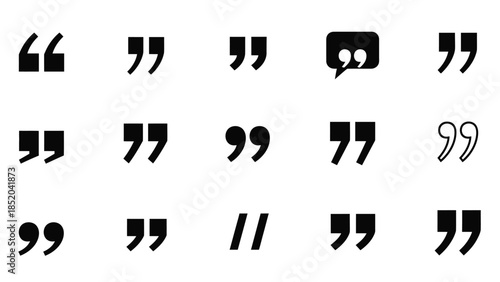 Collection of black quotation marks and speech bubbles on a white background