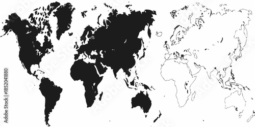 A simplified black and white world map illustration with continents and oceans