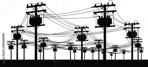Dense Network of Electrical Poles and Transformers Against White Background electricity power