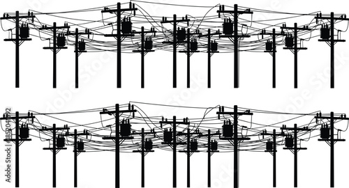 Dense network of electrical wires and utility poles in silhouette electricity power lines