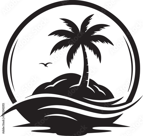Tropical island paradise silhouette with a solitary palm tree, ocean waves, and a bird flying in the circular frame