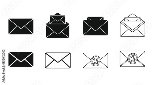 Collection of different email envelope icons in black and white style