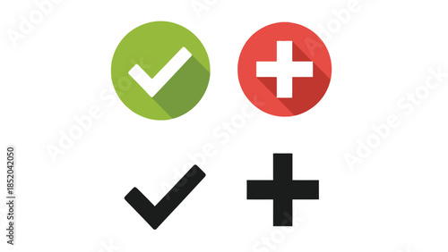 Green check mark and red plus sign icons with shadows and outlines