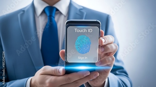 Businessman using smartphone touch id for secure access and authentication