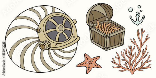 Steampunk nautilus shell submarine treasure chest anchor and coral collection art