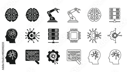 Artificial intelligence brains robotics and data technology icons in a collection