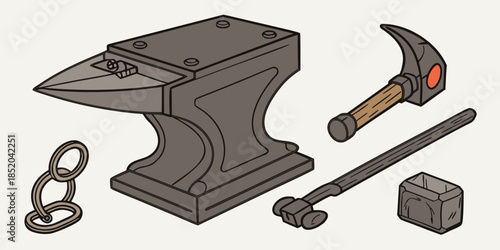 A collection of blacksmithing tools including an anvil hammer tongs and metal rings isolated on white