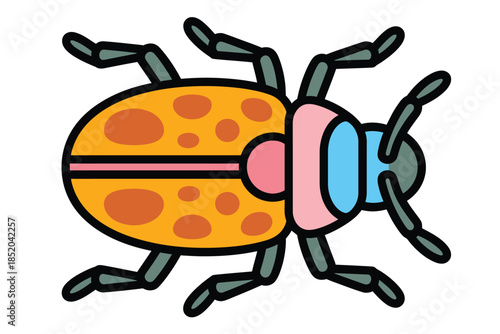 A vibrant, stylized illustration of a colorful beetle with orange, pink, and blue segmented body, against a clean white background.