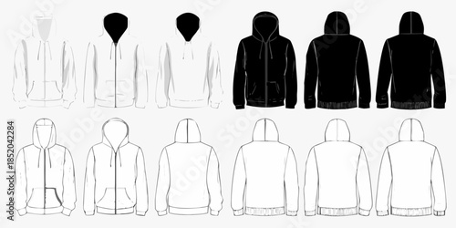 Technical fashion illustration of various hoodie designs in black and white