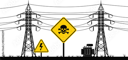 High Voltage Towers with Danger and Lightning Warning Signs and Transformer electricity power