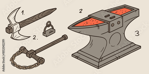 Collection of stylized medieval blacksmithing tools including an axe a hammer and a large anvil