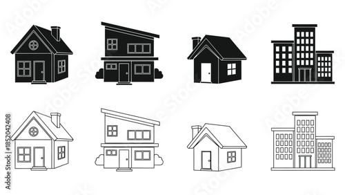 A collection of simple black and white house and building icons
