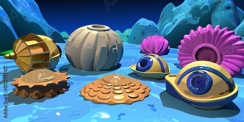 Stylized collection of vibrant alien ocean treasures resting on a glowing blue seabed at night