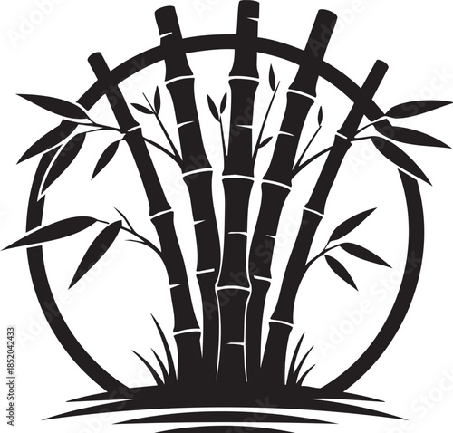 Elegant black bamboo grove in a circle silhouette design, perfect for serene natural motifs