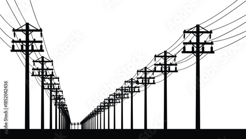 Perspective view of numerous black silhouette utility poles with wires stretching into distance Keywords: utility poles, power