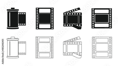 Illustrations of film reels canisters and strips of perforated film photography