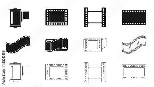 Collection of vintage camera and film strip icons in black and white