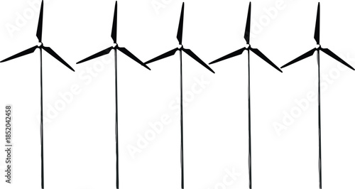 Row of Black Silhouette Wind Turbines on White Background windmill renewable energy