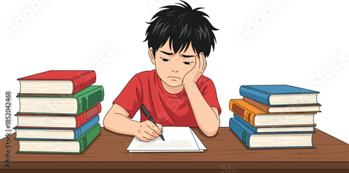 Cartoon boy sitting at desk with many books, looking bored and tired while studying, vector illustration isolated on white background, stressed student doing homework