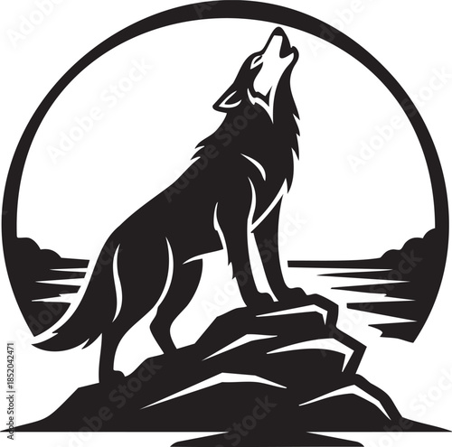 Majestic black silhouette of a howling wolf standing on a rocky cliff beneath a celestial arc