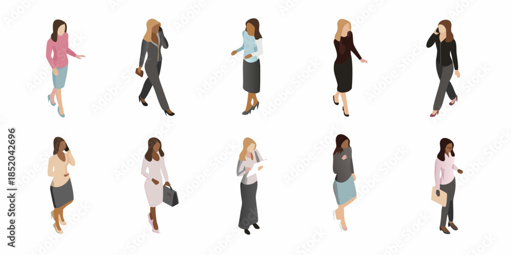 Fototapeta premium Diverse group of women in business attire walking and using mobile phones