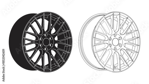 Detailed illustration of two automotive alloy wheels one shaded and one outlined