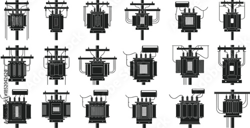 Set of black silhouette electrical transformers mounted on poles power transformer electricity